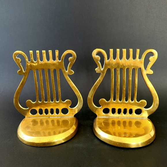 Set of 2 Vintage Brass Harp bookends, brass bookends, book shelf decor - Picture 2 of 7